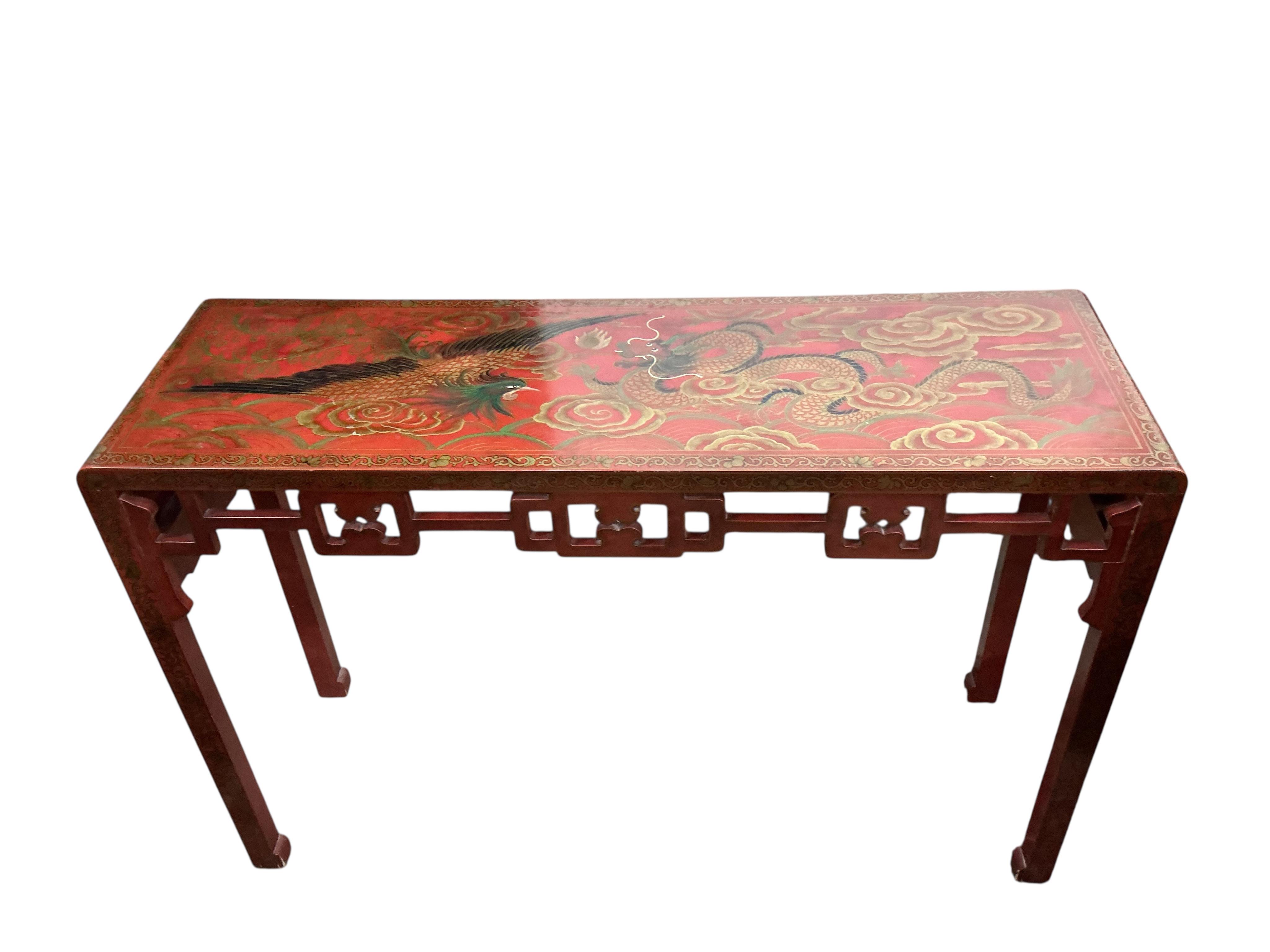 A Chinese scarlet lacquer altar table, width 138cm, depth 43cm, height 92cm